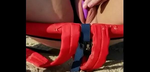  Busty big pussy vibrating orgasm at the beach watching porn